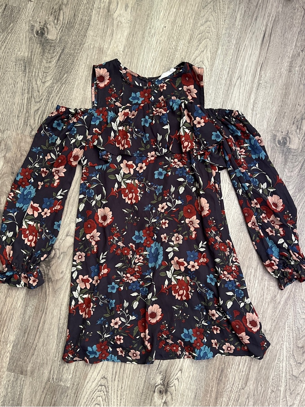 Peach Love California Navy Floral Cold-Shoulder Dress with Red & Blue Blossoms